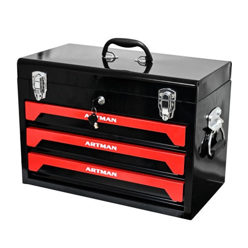 20 Portable 3 Drawer Steel Tool Box With Metal Latch Closure, Black Red - image 2