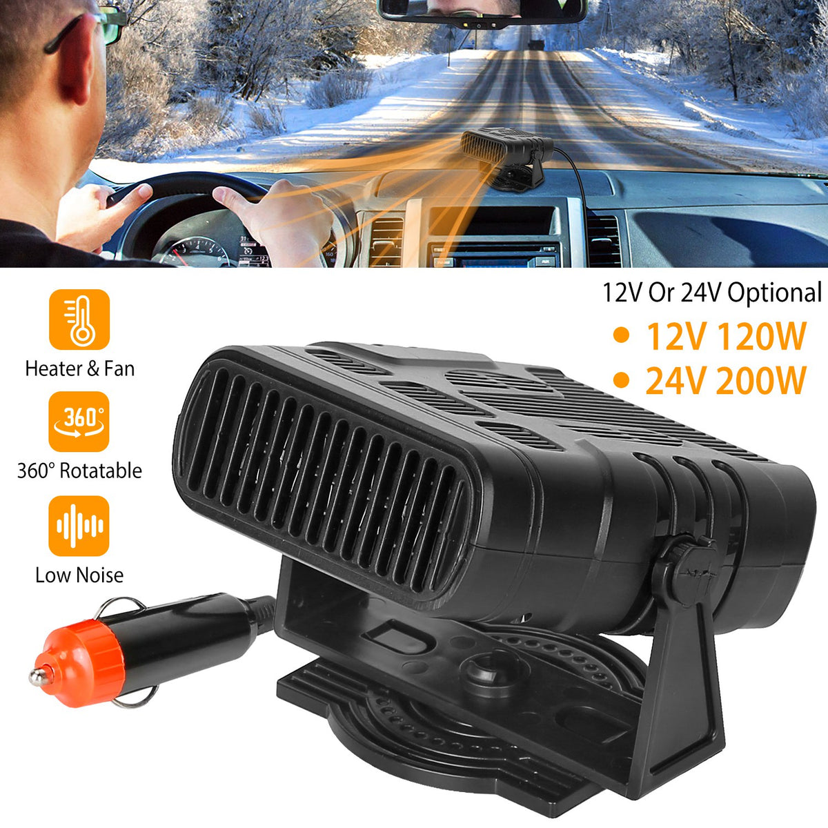 24V 200W Or 12V 120W Portable Car Heater Heating Fan 2 In 1 Defroster Demister Windshield Heater Automotive Cooling Fan