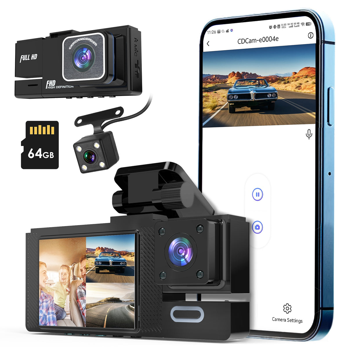 1Pc WiFi FHD 1080P Car Dash Cam 3 Channels Front Rear Inside Dash Camera With Loop Recording Reversing Image Night Vision 170 Degree Wide Angle Support 64G MMC Card Included - Black