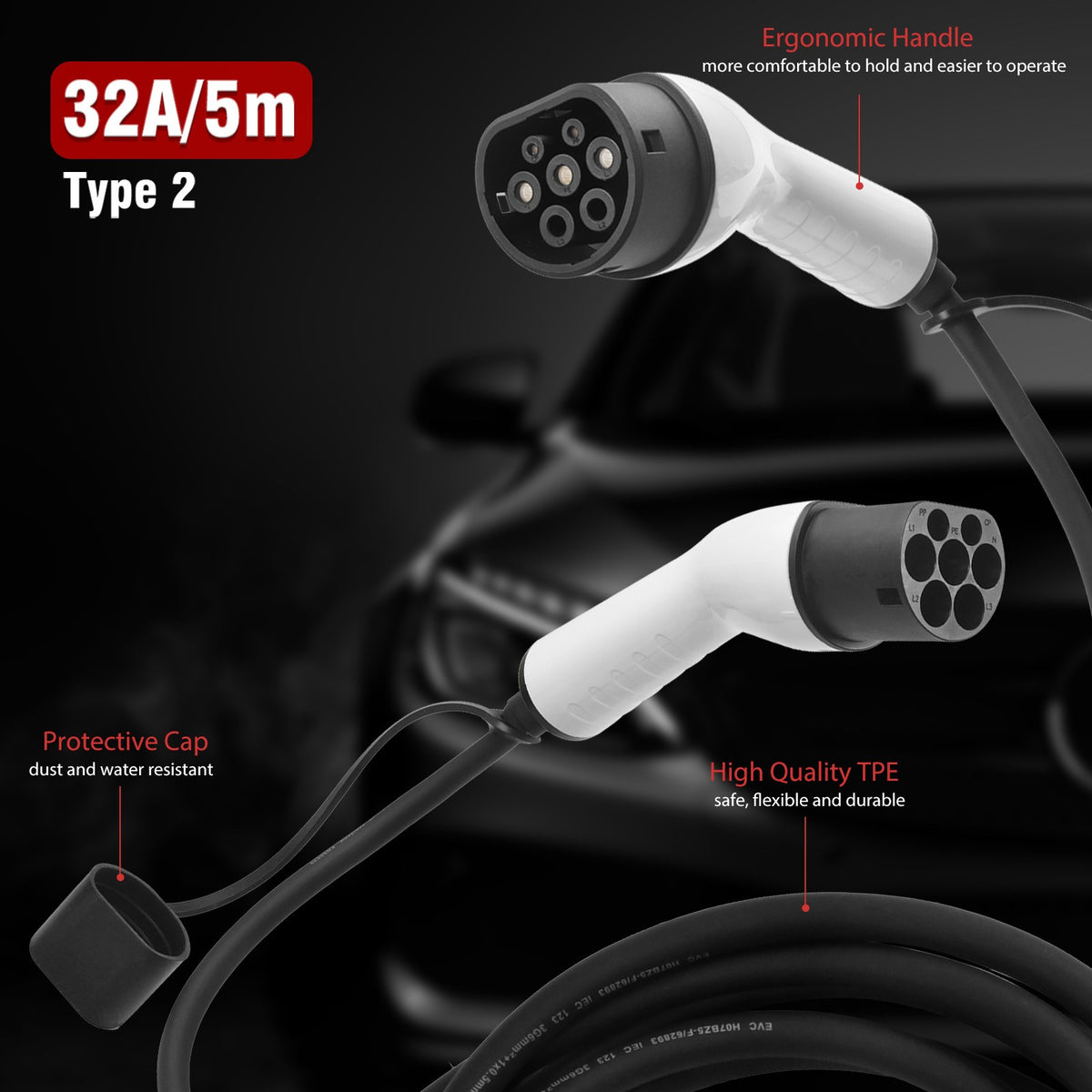 32A Type 2 to Type 2 EV charging cable, 5m – supplier infographic showing handle and cable features