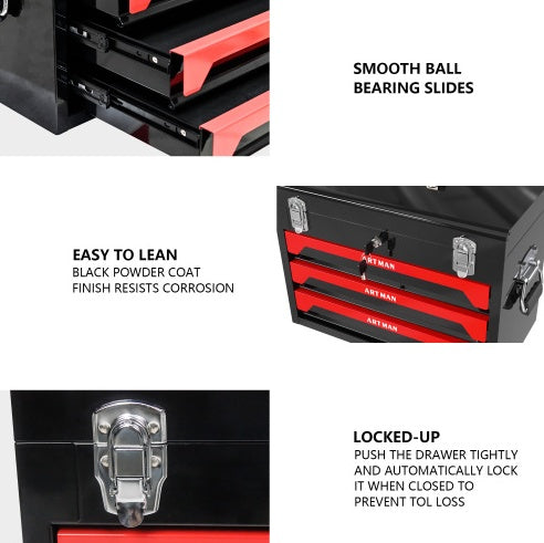 20 Portable 3 Drawer Steel Tool Box With Metal Latch Closure, Black Red - image 6