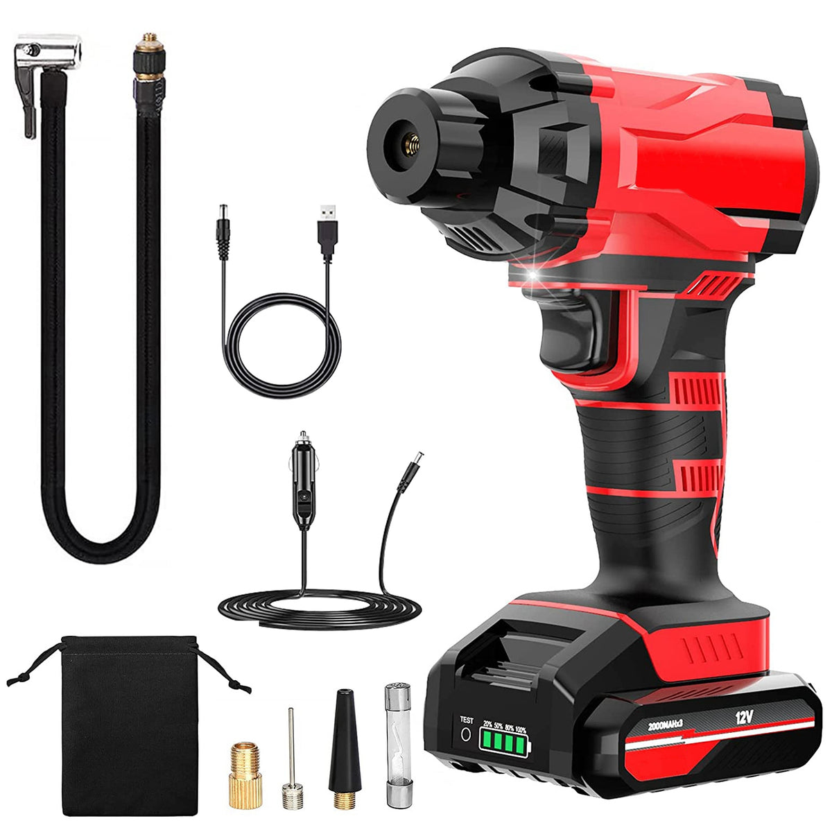 1Pc 150PSI Cordless Car Tire Inflator Rechargeable 2V Portable Electric Air Compressor With LED Light For Car Bike Motorcycle Ball - Red