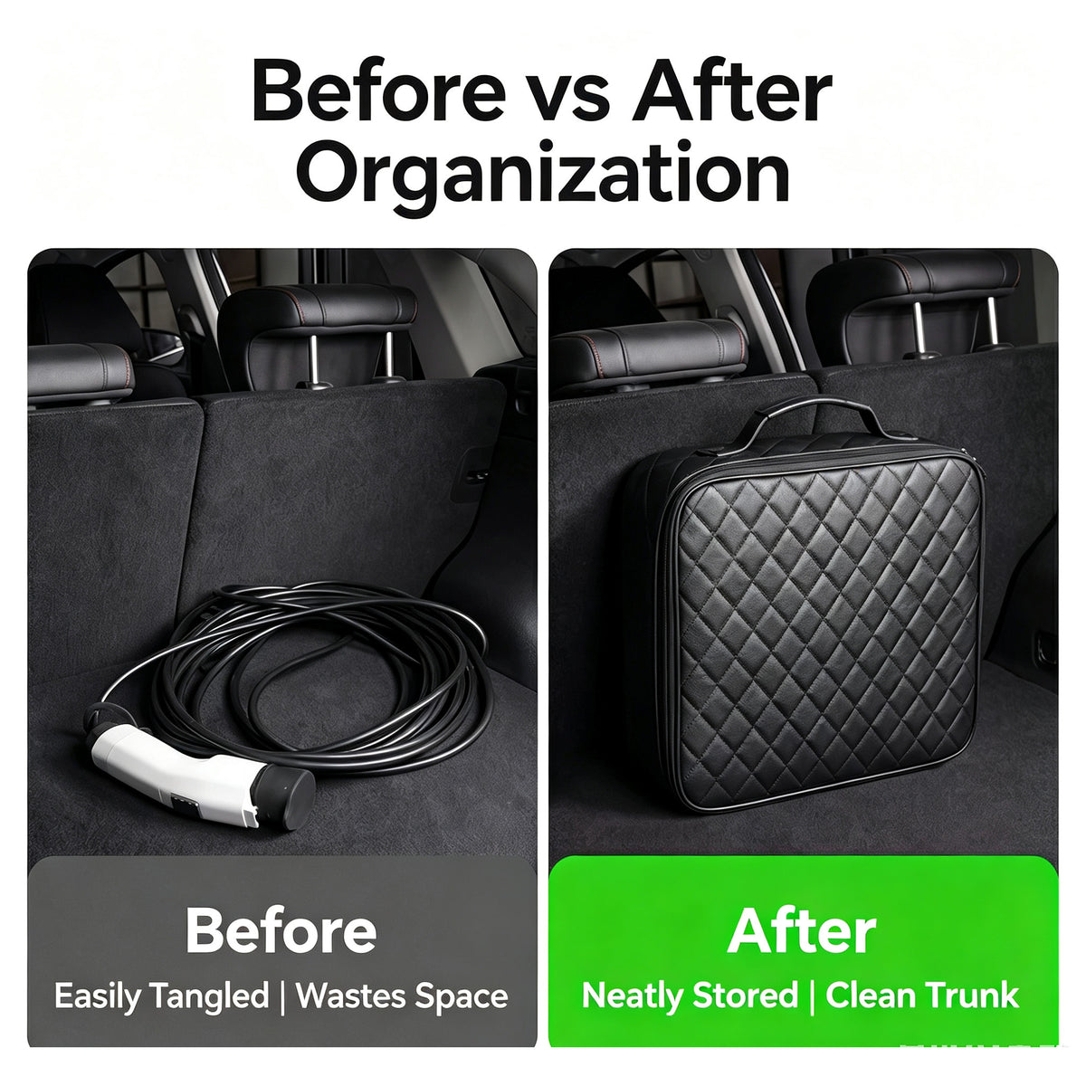 EV charging cable storage bag – supplier infographic comparing tangled cable versus organised bag
