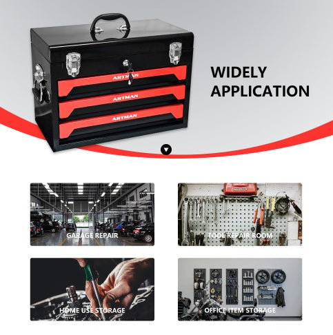 20 Portable 3 Drawer Steel Tool Box With Metal Latch Closure, Black Red - image 7