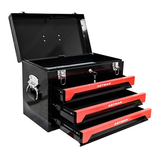 20 Portable 3 Drawer Steel Tool Box With Metal Latch Closure, Black Red - image 3