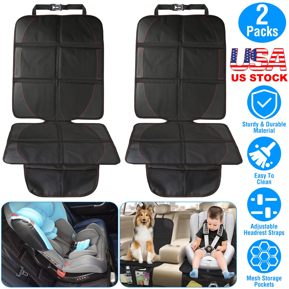 2 Packs Car Seat Protector Cushion Mat Pad With Thick Padding Protector For Child Baby Car Seat Mesh Pockets - Black