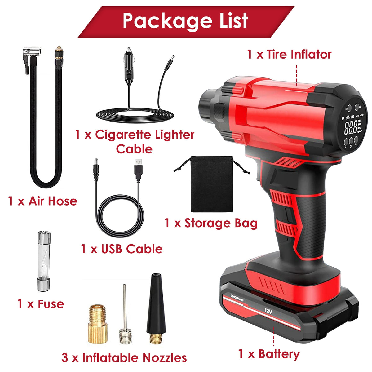 1Pc 150PSI Cordless Car Tire Inflator Rechargeable 2V Portable Electric Air Compressor With LED Light For Car Bike Motorcycle Ball - image 9