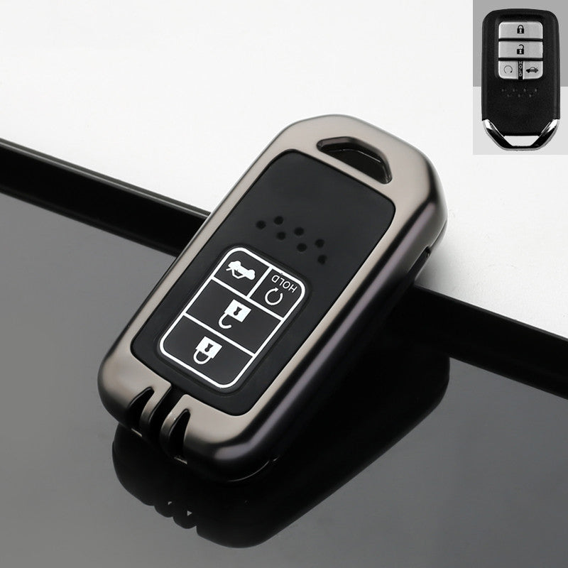 Key fob case for Honda Accord & Civic keys – zinc alloy – four-button case with remote start icon, inset shows original fob