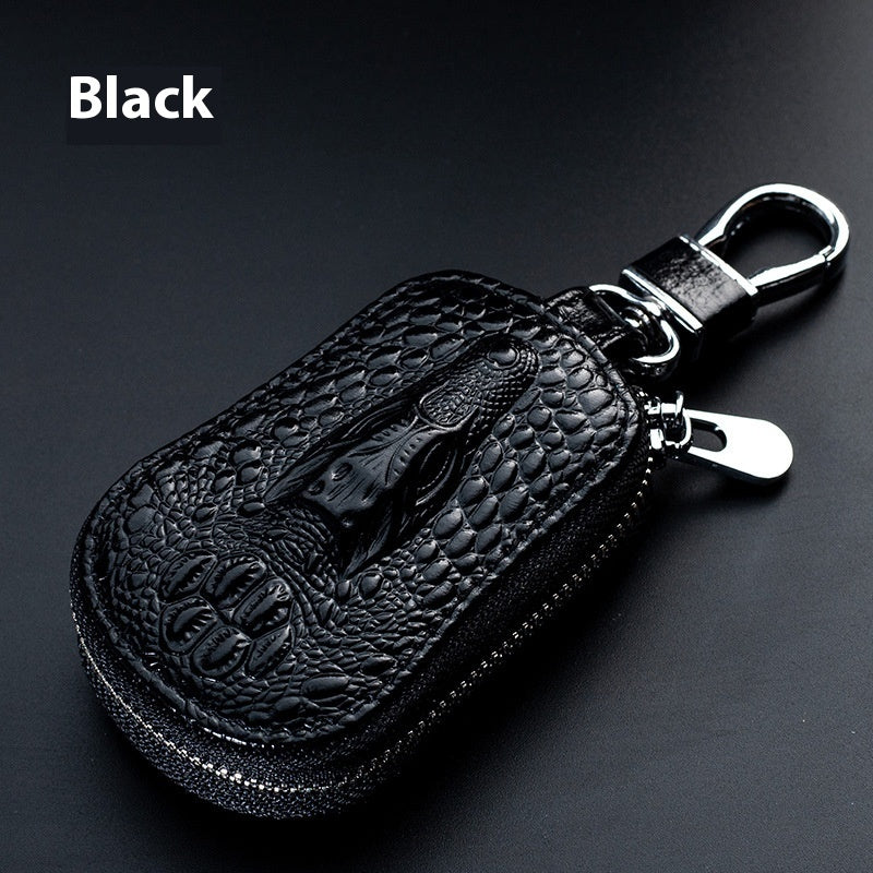 Genuine leather car key case – universal fit – black crocodile-pattern case labelled black