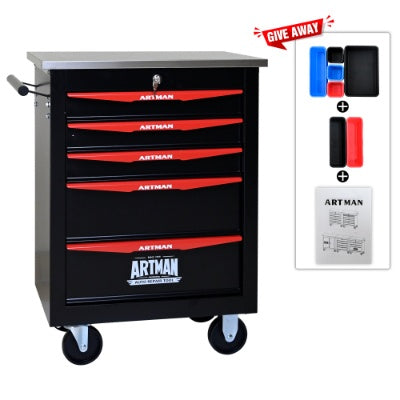 5 Drawers Multifunctional Tool Cart With Wheels,Metal Rolling Tool Cart Storage For Garage Workshop Warehouse Repair Shop--With Stainless Steel Roof- BLACK RED - image 7