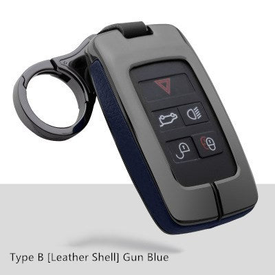 Smart key case for Land Rover & Jaguar – alloy and leather – type b case in gun blue leather with keyring