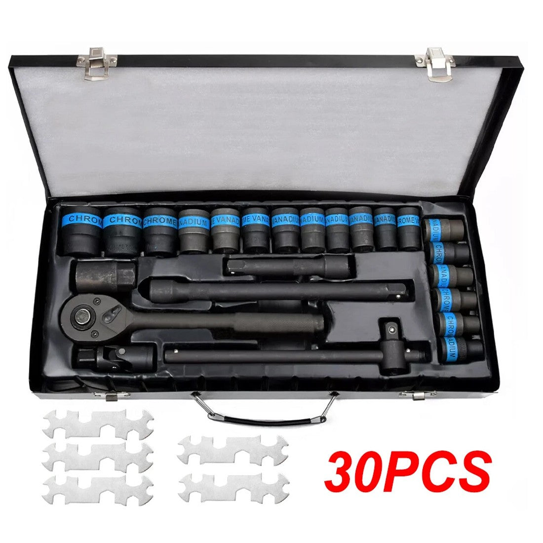 Heavy Duty 1&2 Ratchet Wrench Socket Set 8-32mm Metric Extension Bar Metal Case - Black