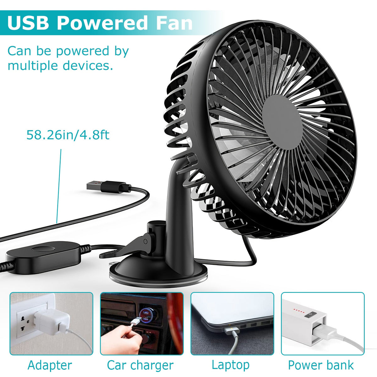 1Pc Car Cooling Fan Portable Rotatable USB Vehicle Fan Backseat Clip Fan Dashboard Window Suction Fan For SUV RV Pickup With 3 Speeds - image 4