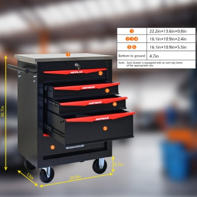 5 Drawers Multifunctional Tool Cart With Wheels,Metal Rolling Tool Cart Storage For Garage Workshop Warehouse Repair Shop--With Stainless Steel Roof- BLACK RED - image 3