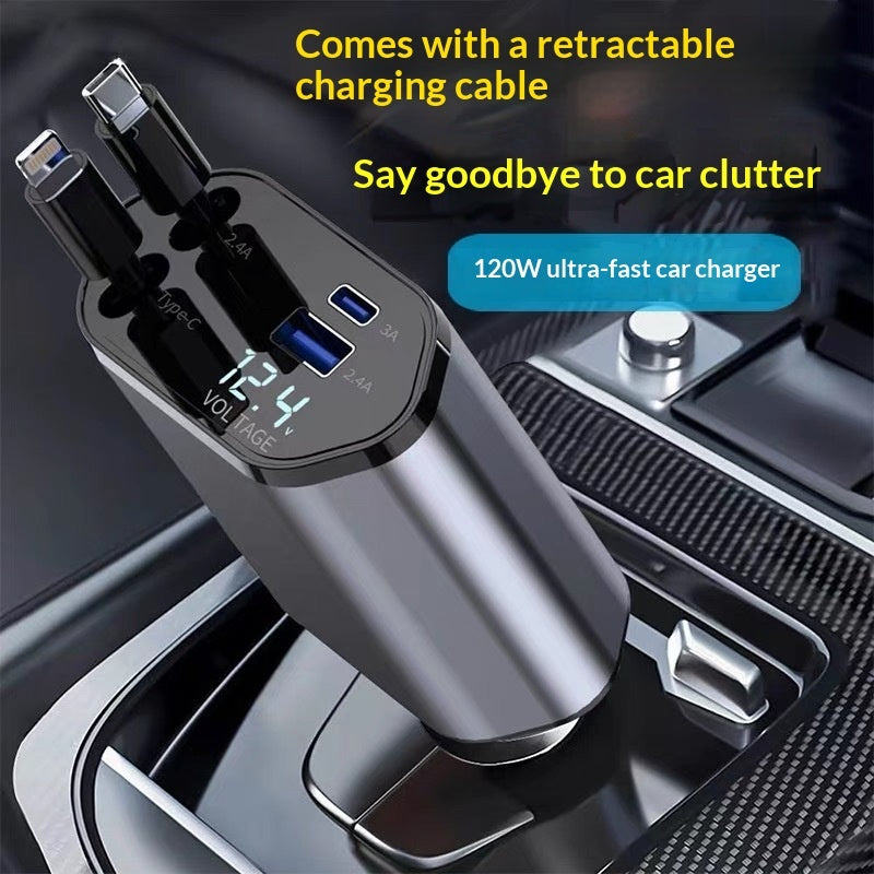 Retractable 4-in-1 Car Charger 120W – Built-in USB-C Cables - Aluminum TC Apple 4 in 1