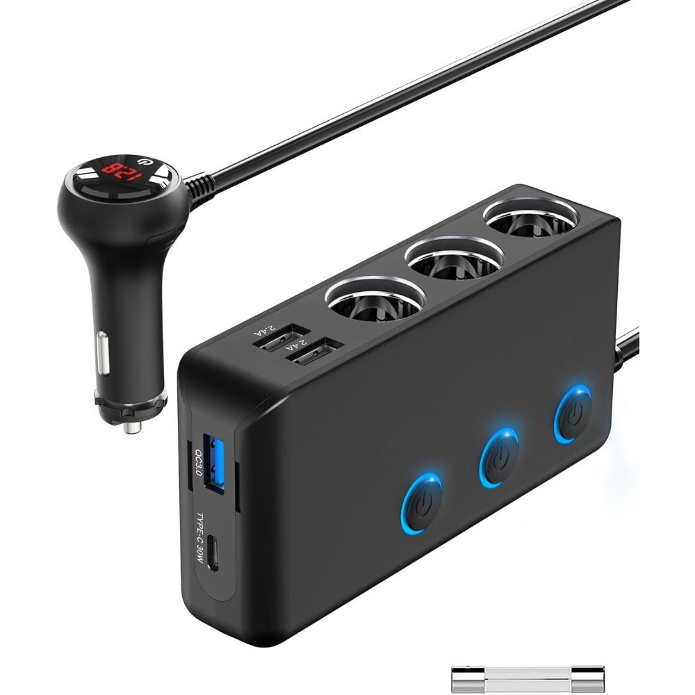 Car Charger Splitter 200W 3 Socket Cigarette Lighter Adapter With PD30W USB-C Multi USB Car Charger DC Outlet - BLACK