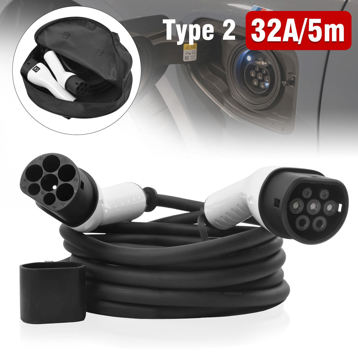 32A Type 2 to Type 2 EV charging cable, 5m – cable with carry bag and vehicle charging port