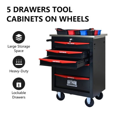 5 Drawers Multifunctional Tool Cart With Wheels,Metal Rolling Tool Cart Storage For Garage Workshop Warehouse Repair Shop--With Stainless Steel Roof- BLACK RED - image 5