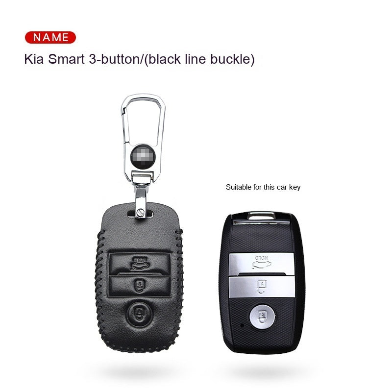 Key fob case for Kia smart & folding keys – genuine leather – supplier infographic showing black line buckle case with matching key shape