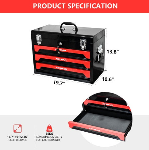 20 Portable 3 Drawer Steel Tool Box With Metal Latch Closure, Black Red - image 4