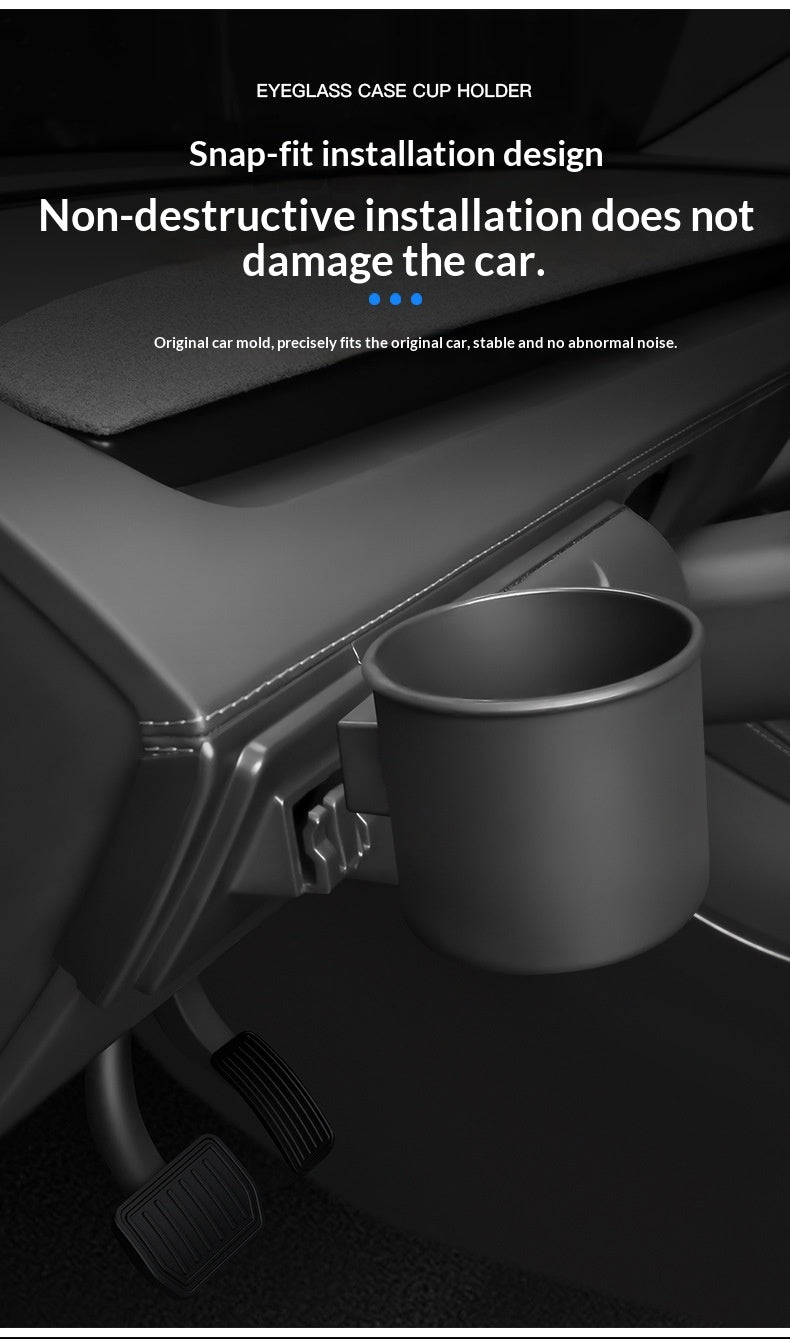 Glasses case and cup holder set for Tesla Model 3/Y – supplier infographic showing snap-fit installation under dashboard
