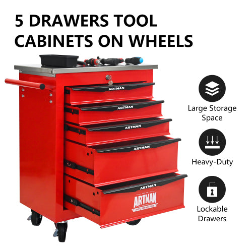 5 Drawers Multifunctional Tool Cart With Wheels,Metal Rolling Tool Cart Storage For Garage Workshop Warehouse Repair Shop--With Stainless Steel Roof--Red Black - image 2