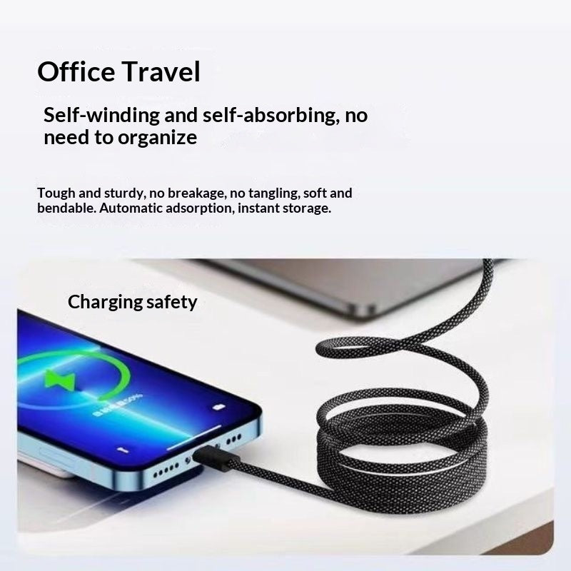 Magnetic charging cable organiser clips – supplier infographic showing self-winding cable coiled on desk while charging