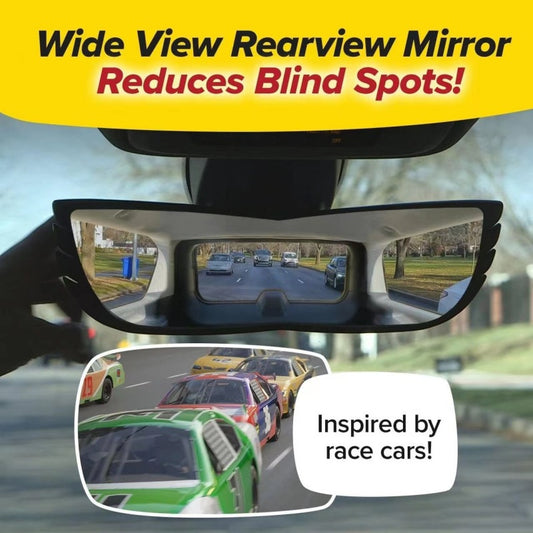 Wide-angle interior rear view mirror – 28.5cm clip-on – supplier infographic showing wide view rearview mirror reducing blind spots