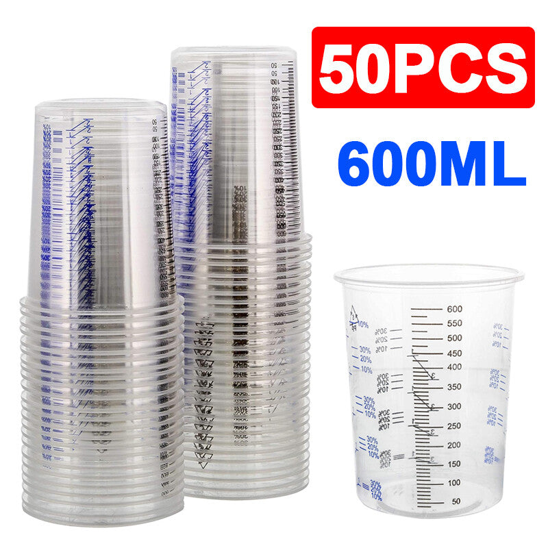 50X Clear Paint Plastic Mixing Cups 600CC Calibrated Measuring Polypropylene New - image 9