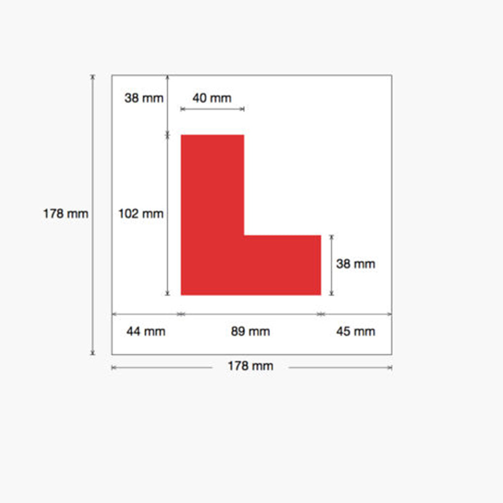 Magnetic L plates for learner drivers, 178mm – supplier infographic showing dimensions