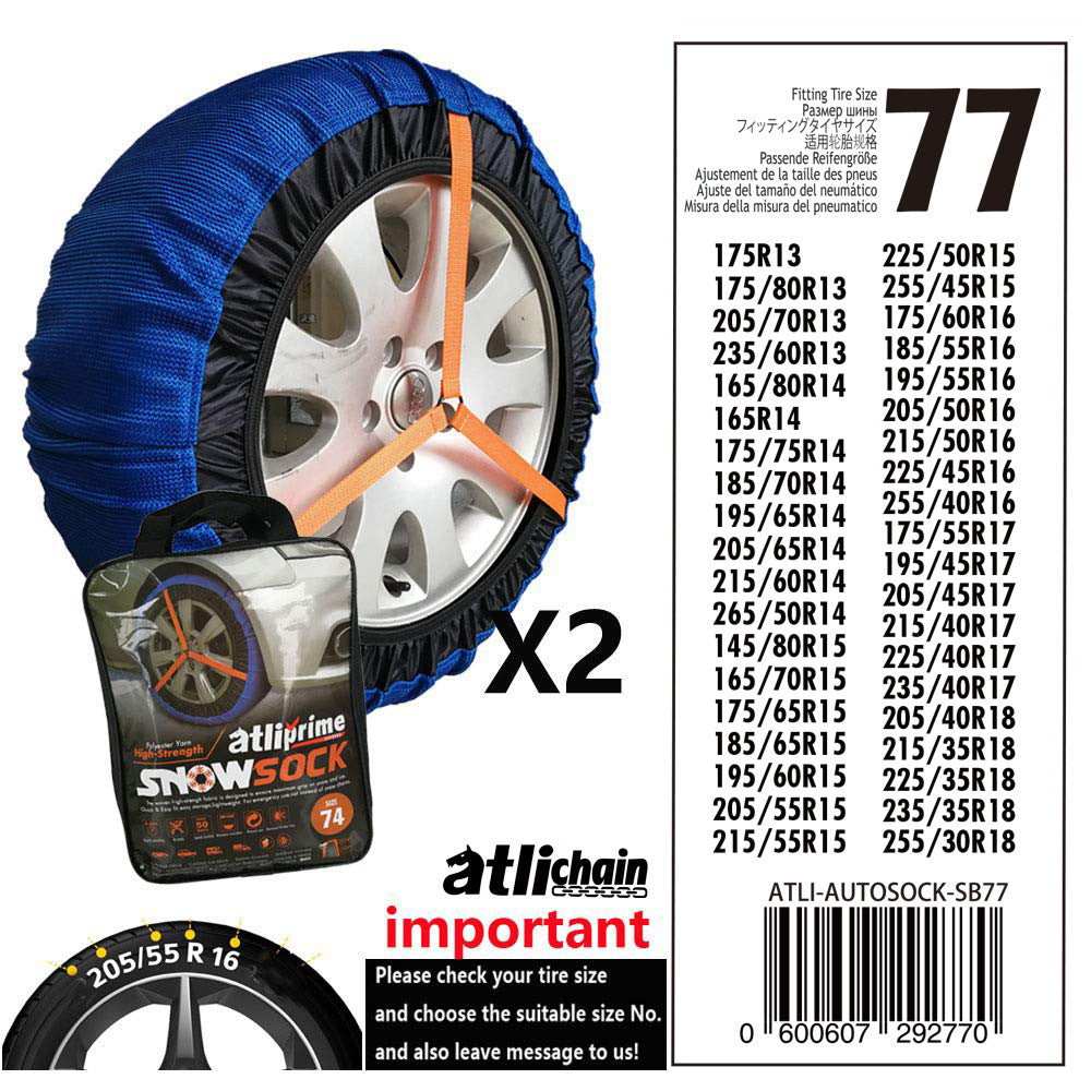 Textile snow sock for car tyres – size chart for size 77 with tyre list