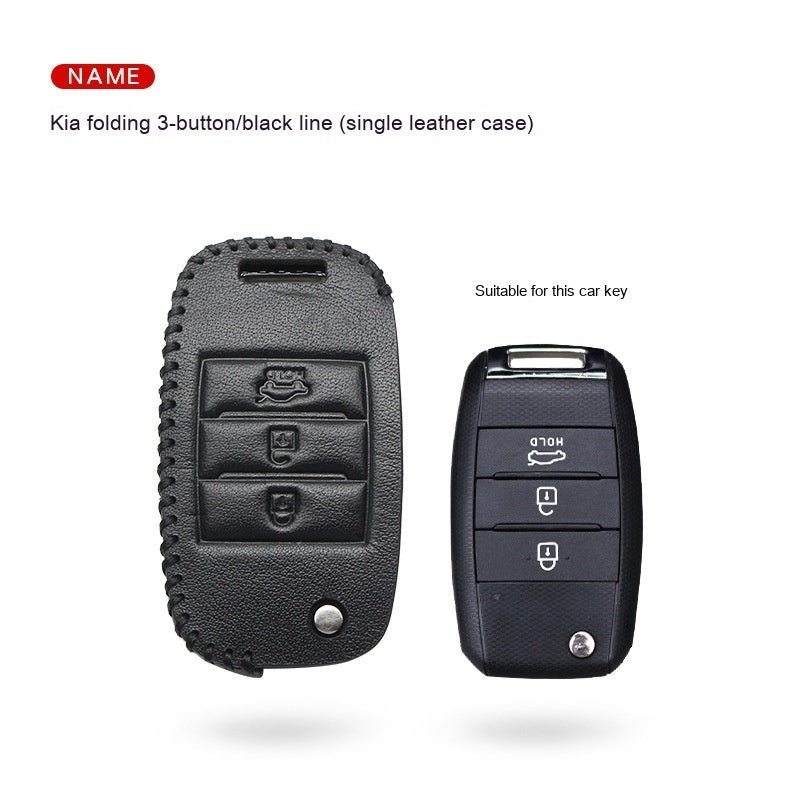 Key fob case for Kia smart & folding keys – genuine leather – supplier infographic showing folding 3-button black line case with matching key