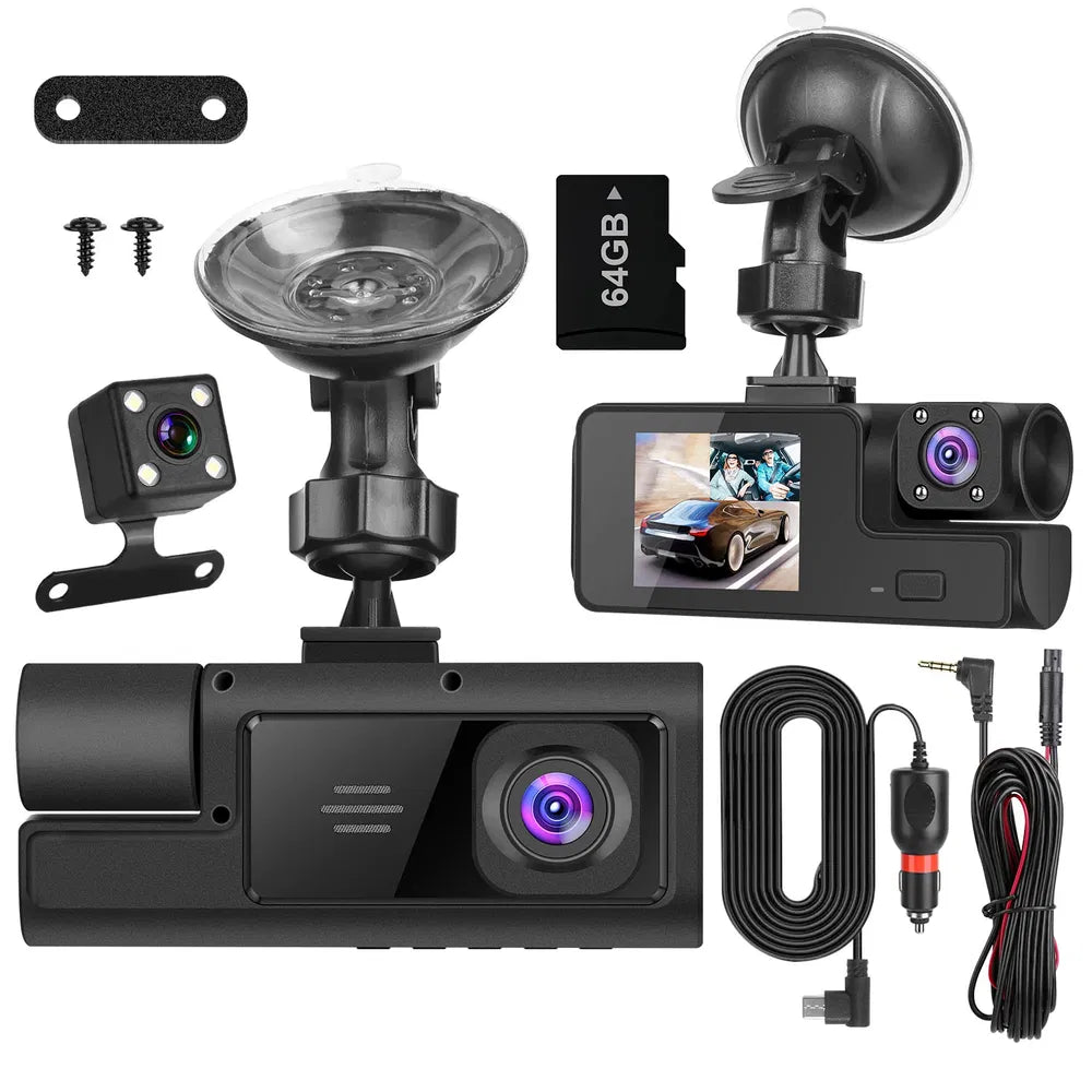 WiFi FHD 1080P Car Dash Cam 3 Channels Front Rear Inside Dash Camera With Loop Recording Reversing Visual 170° Wide Angle 64G Card Included - with64GMMCCardCamera