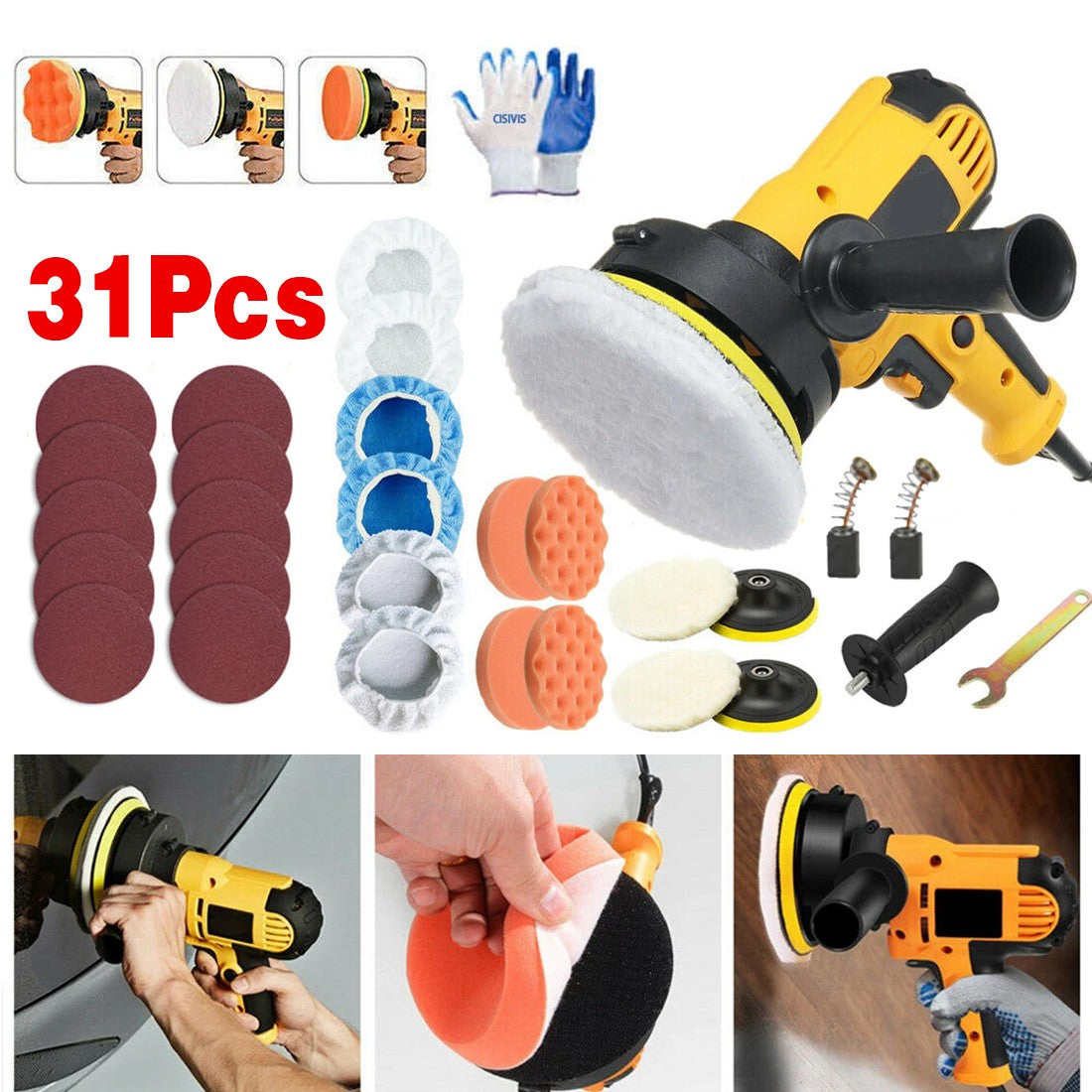 31Pcs Electric Polisher Buffer Sander Car Polisher With Polishing Sponge Kit - Yellow  Black