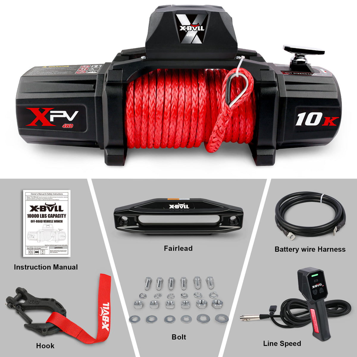 X-BULL Winch - 10000 Lbs BJ Load Capacity Electric Winch Kit - 12V Synthetic Rope Winch, Waterproof IP67 Electric Winch With Rope Fairlead With Wireless Handheld Remote Control And Wired Control Recov - Black
