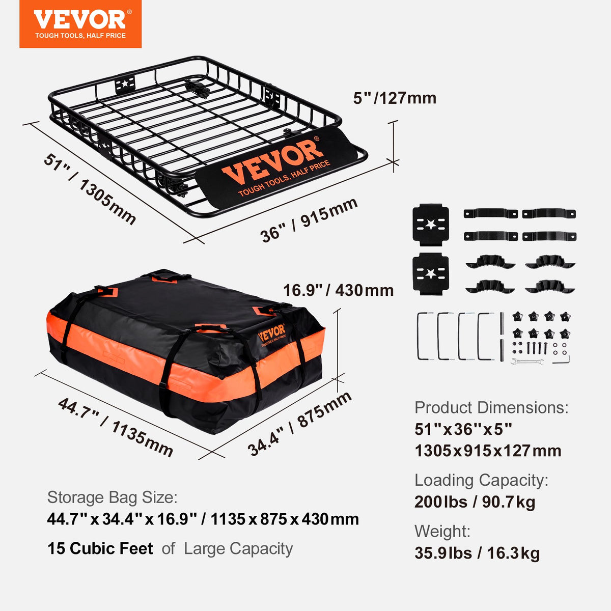 Roof Rack Cargo Basket, 130.5 X 91.5 X 12.7 Cm Rooftop Cargo Carrier W 15 Cu Ft Waterproof Cargo Bag, 90 Kg Capacity Universal Rack Carrier For SUV, Truck - image 5