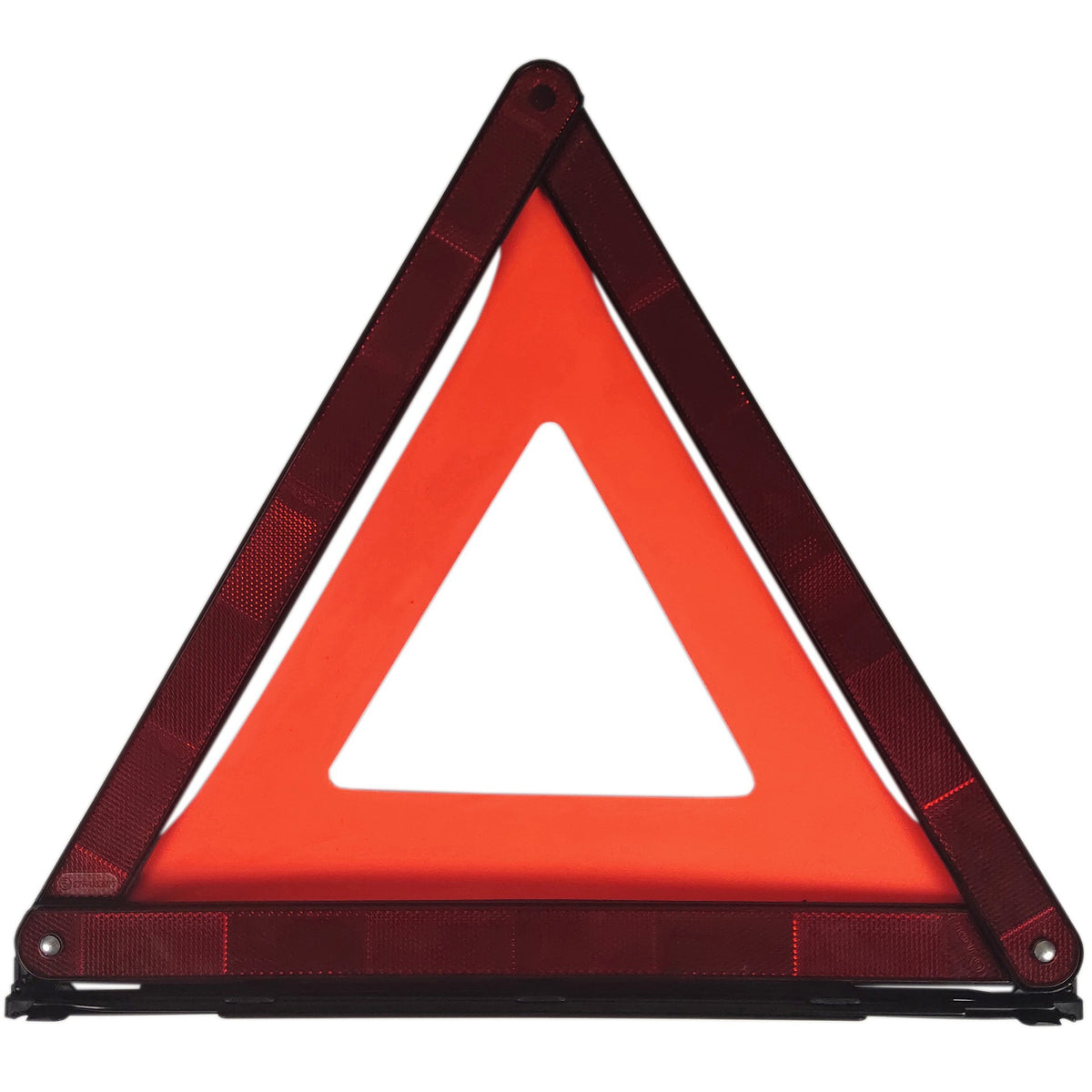 Reflective car warning triangle for emergency stops – folded flat front view with legs tucked in