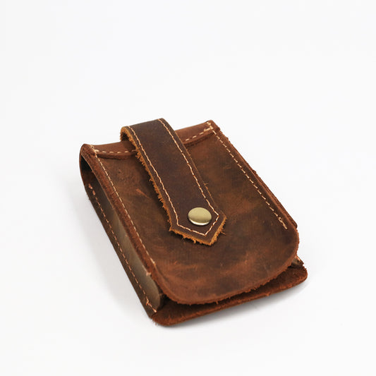 Vintage leather car key pouch – brown – angled view with belt loop strap and snap button