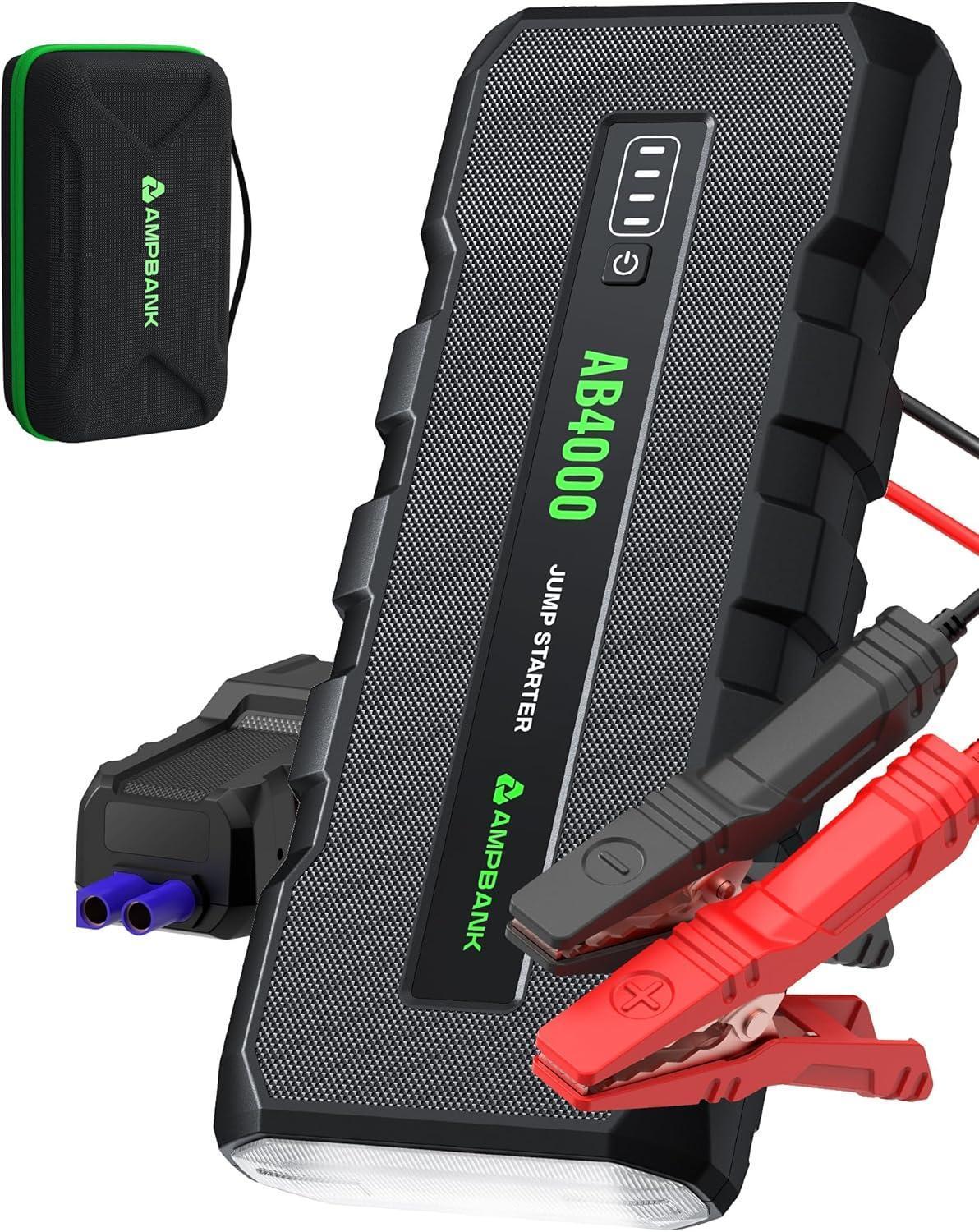 4000A Emergency Starting Power Supply 12V Portable Car Battery Jump Starter With 18W Fast Charge For 10L Gasoline And 8L Diesel Engines With LED Light Jump Starter Cable And EVA Storage Box - Black