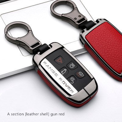 Smart key case for Land Rover & Jaguar – alloy and leather – front and back view of red leather case with keyring, labelled gun red