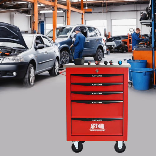 5 Drawers Multifunctional Tool Cart With Wheels,Metal Rolling Tool Cart Storage For Garage Workshop Warehouse Repair Shop--With Stainless Steel Roof--Red Black
