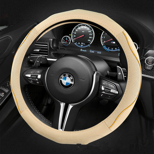 Soft-grip steering wheel cover, 36cm or 38cm – beige cover fitted on a BMW steering wheel