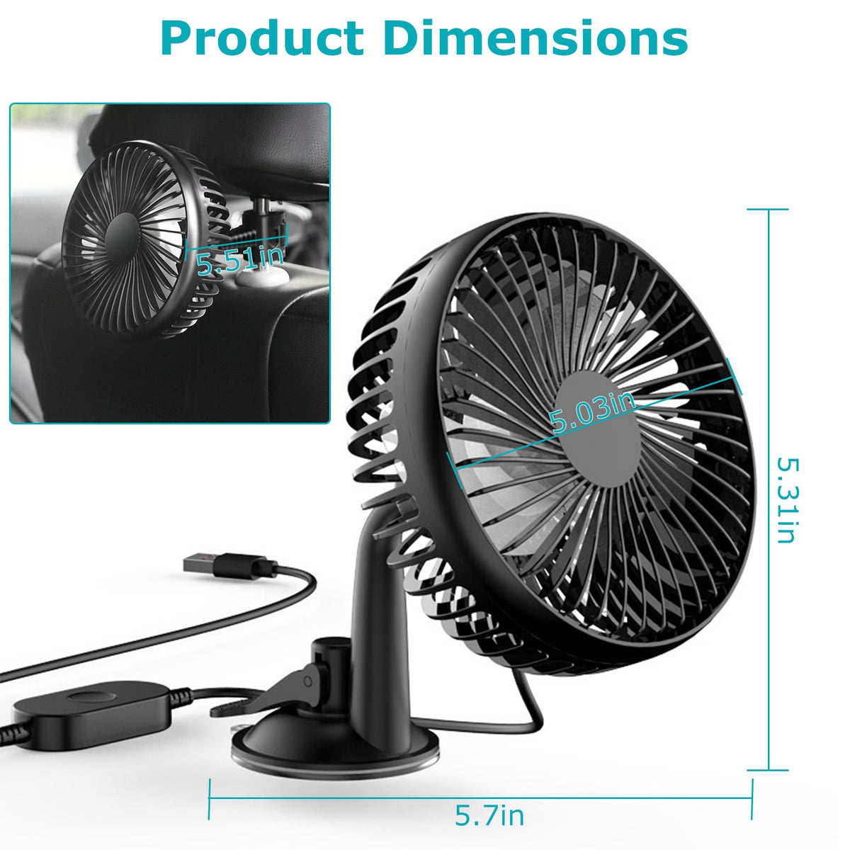 1Pc Car Cooling Fan Portable Rotatable USB Vehicle Fan Backseat Clip Fan Dashboard Window Suction Fan For SUV RV Pickup With 3 Speeds - image 5