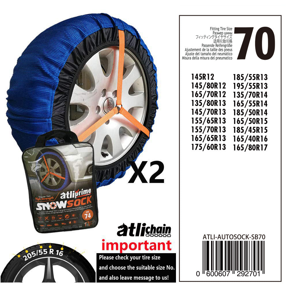 Textile snow sock for car tyres – size chart for size 70 with tyre list