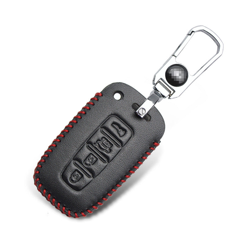Key fob case for Kia smart & folding keys – genuine leather – black leather case with red stitching and keyring