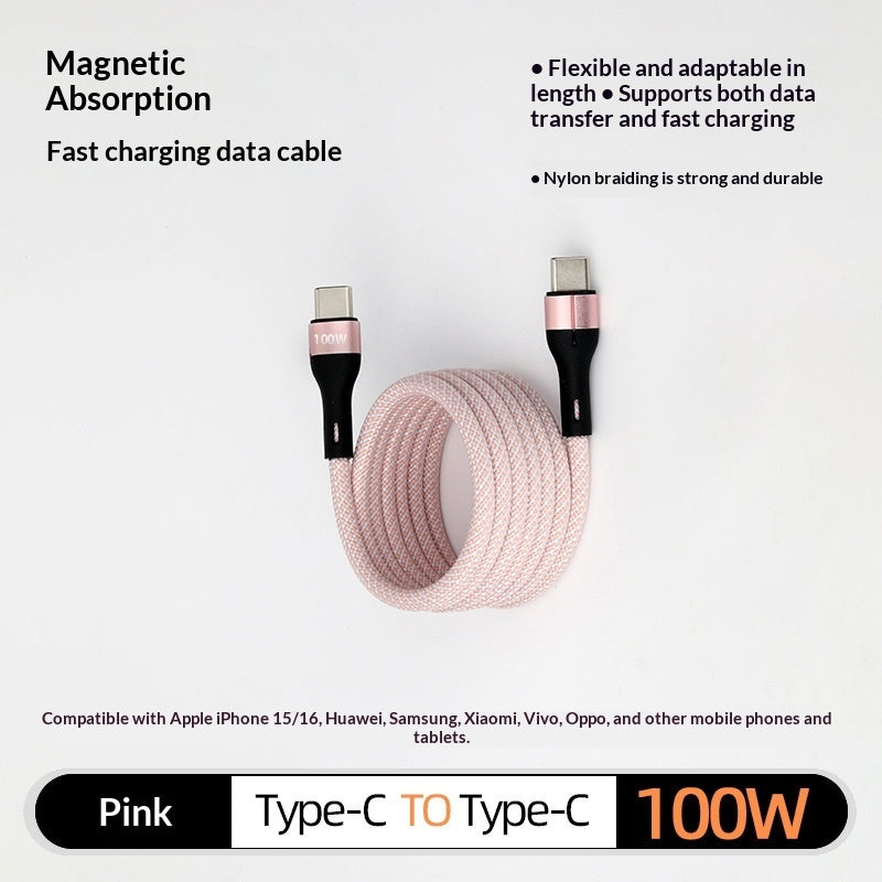 Magnetic charging cable organiser clips – supplier infographic showing pink type-c cable magnetic absorption