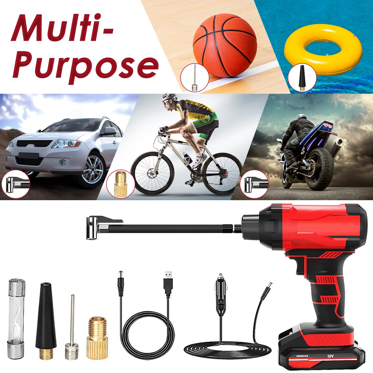 1Pc 150PSI Cordless Car Tire Inflator Rechargeable 2V Portable Electric Air Compressor With LED Light For Car Bike Motorcycle Ball - image 2