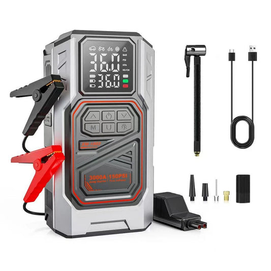 Winter car kit with 12V jump starter, warning triangle, ice scraper, de-icer, torch, hi-vis vest and frost cover
