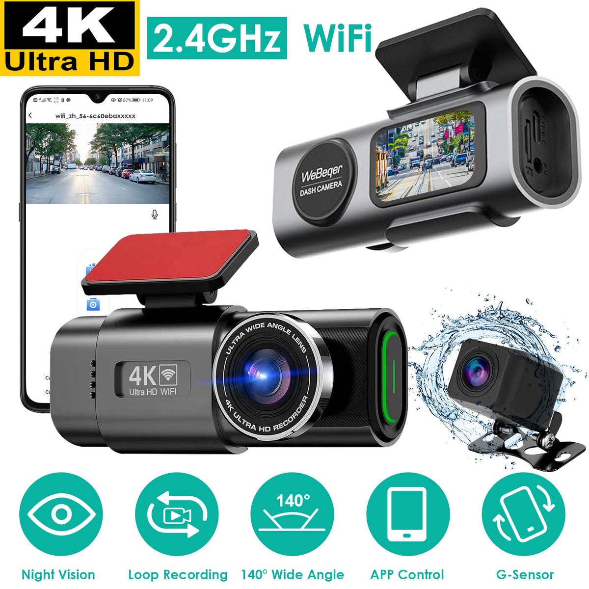 1Pc 4K 1080P Car Dash Cam 2.4GHz WiFi Car Camera Mini Driving Recorder With 140 Degree Wide Angle APP Control Night Vision G-sensor Loop Recording - image 5