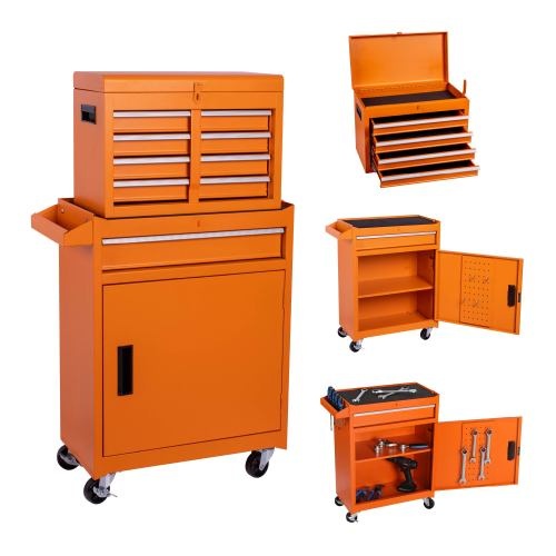 Tool Chest, 5-Drawer Rolling Tool Storage Cabinet With Detachable Top Tool Box, Liner, Universal Lockable Wheels, Adjustable Shelf, Locking Mechanism, Metal Tool Cart For Garage Workshop - Orange